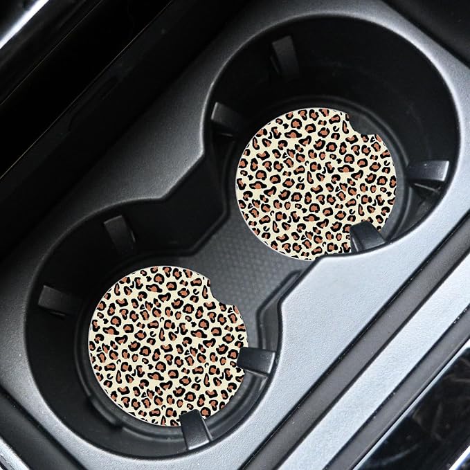 2pcs Leopard Print Car Coasters,Absorbent Universal neoprener Cup Holder Coasters with a Finger Notch,Car Accessories for Women&Man Interior，2.75" 4