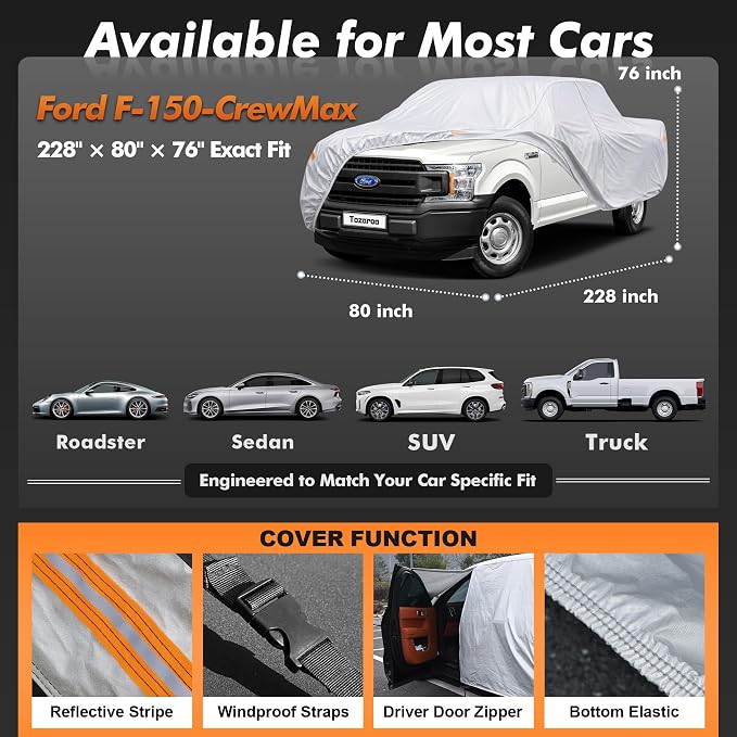 Truck Cover Waterproof All-Weather,Outdoor Pickup Covers(Length 229-242 inch) with Windshield Sun Shade Universal Fit Tacoma, Tundra, F-150, RAM 1500 etc,Size T4 (See Size Chart)