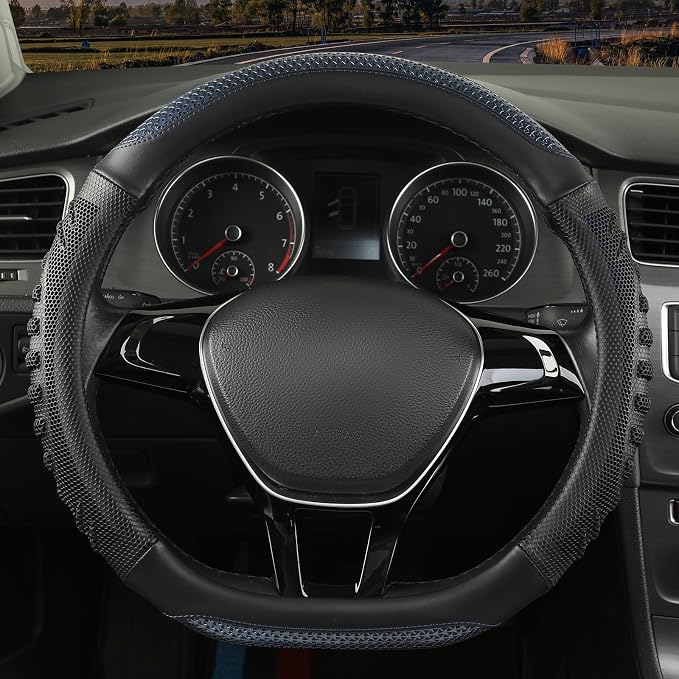 D Shaped Steering Wheel Cover Great Grip with 3D Honeycomb Hole | Anti-Slip Silicone Heavy-duty Microfiber Leather Sporty Design, Universal 14.5 inch - 15 inch, Black with Blue