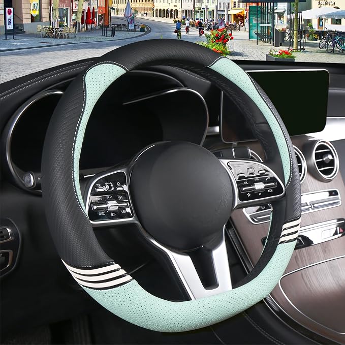 15 inch Cute Leather D Shape Steering Wheel Cover Black Green | Breathable Faux Leather and Carbon Fiber Flat Bottom Car Accessories for Women Men Universal 14.5 inch to 15 inch