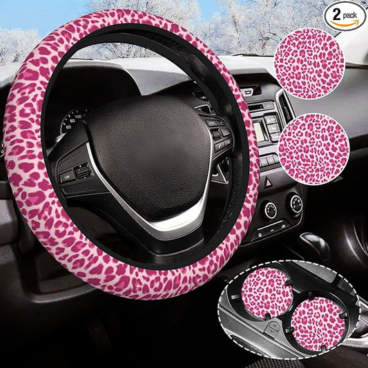 Leopard Print Steering Wheel Cover Anti-Slip Universal for 14.5-15 Inch Car Steering Wheel Cover with 2 Pieces Car Coasters Suitable for Men Women