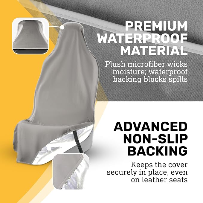 EliteSport Front Seat Cover, Universal Fit Waterproof, Sweatproof, Odor-Resistant, and Machine Washable Car Seat Protector with Non-Slip Underlayer for Pet, Travel, and Outdoor Adventure, Gray, 2Pack