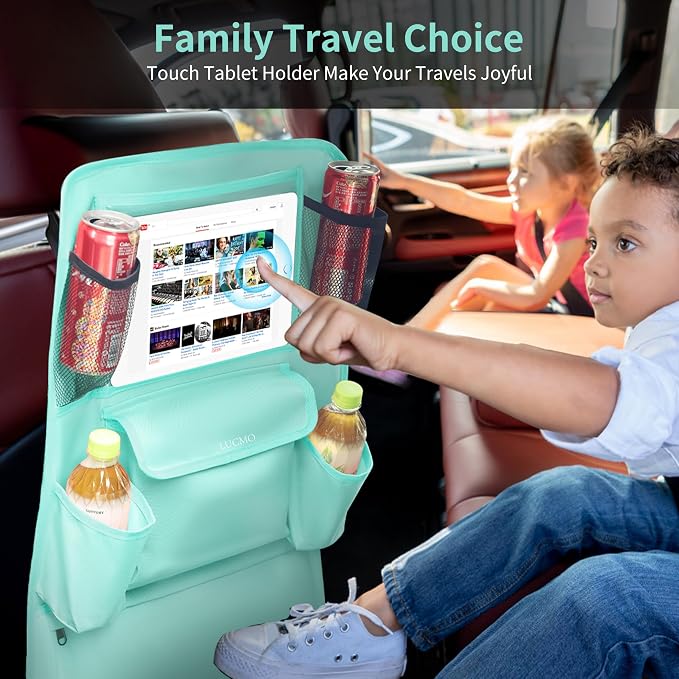 LUCMO Car Backseat Organizer with Touch Screen Tablet Holder, Light Blue | 9 Storage Pockets,Clear Tablet Holder,Protectors Kick Mats,Travel Accessories,Seat Cover,Road Trip Essentials