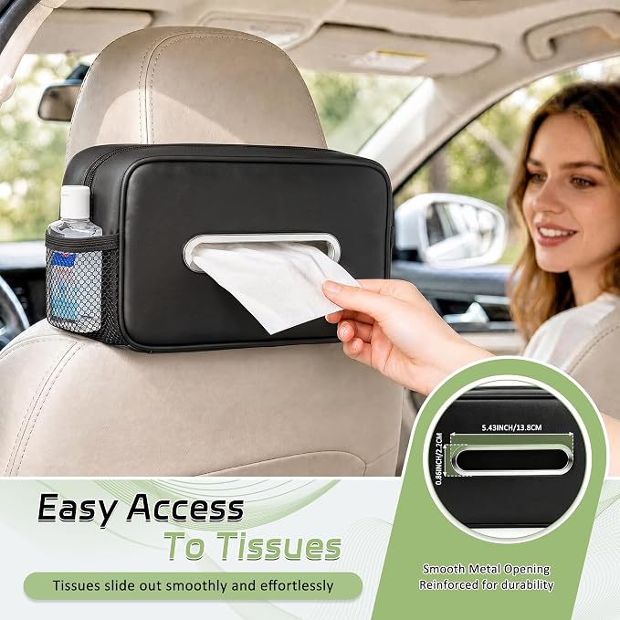 2PC Car Tissue Box Holder PU Leather Car Organizer with Side Storage Pocket | Tissue Box Cover, Fits 120-160 Standard Rectangular Tissue Boxes, Large Capacity Backseat Tissue Organizer for Car SUV Truck