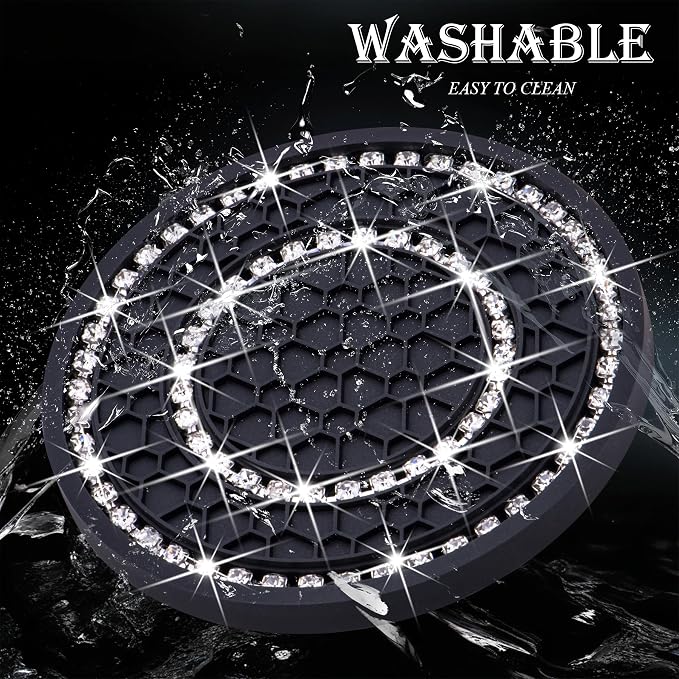 4PCS Bling Crystal Rhinestone Cup Holder Coaster, 2.75 inch Soft Silicone Anti-Slip Shockproof, Car Cup Holder Insert Coasters, Universal Car Interior Accessories for Women (Black & White)