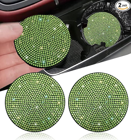 NBTEPEM 2pcs Bling Car Cup Holder Coaster, 2.75 inch Anti-Slip Shockproof Universal Fashion Car Coasters Insert Bling Crystal Rhinestone Automotive Interior Accessories for Women (2 pcs, Light Green)