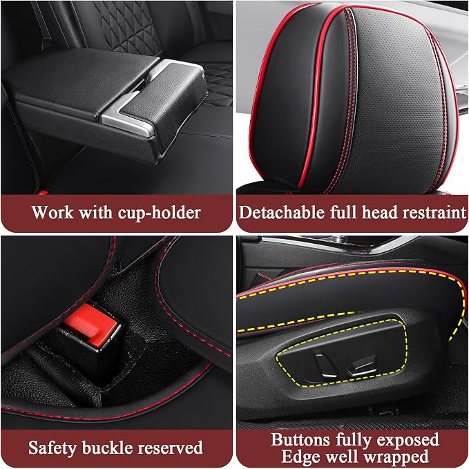 Aierxuan Leather Car Seat Covers 360° Coverage Full Set, Black-Red | Protector Universal Fit Ford Focus Hyundai Elantra Honda Civic Toyota Corolla Nissan Murano Altima Rogue