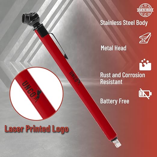UNCO- Pencil Tire Pressure Gauge, 2 Pack, 10-75 PSI, Red, Stainless Steel Body, Metal Made Nozzle, Rust and Corrosion Resistant, Pencil Air Pressure Gauge for Tires, 3 Measurements for Cars, Bikes