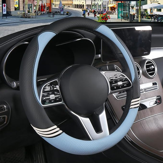 15 inch Cute Leather Steering Wheel Cover Black and Blue | Breathable Non-Slip Faux Leather and Carbon Fiber Car Accessories for Women Men Universal 14.5 inch to 15 inch