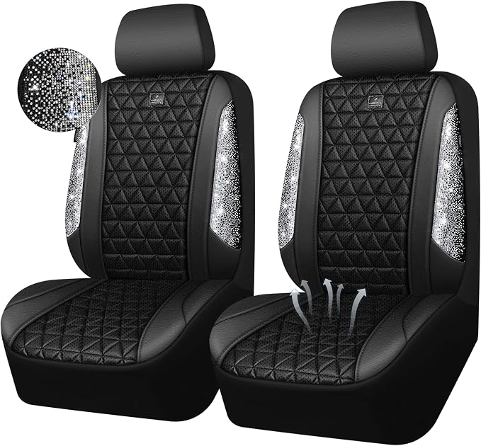 CAR PASS 3D Air Mesh Seat Covers for Cars, Bling Diamond Leather Foam Car Seat Covers for 2 Front Interior Sets, Automotive seat Covers Universal Fit Truck SUV Cute Women Girl, Black Silver Rhinestone