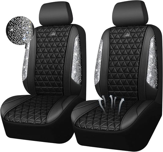 CAR PASS 3D Air Mesh Seat Covers for Cars, Bling Diamond Leather Foam Car Seat Covers for 2 Front Interior Sets, Automotive seat Covers Universal Fit Truck SUV Cute Women Girl, Black Silver Rhinestone