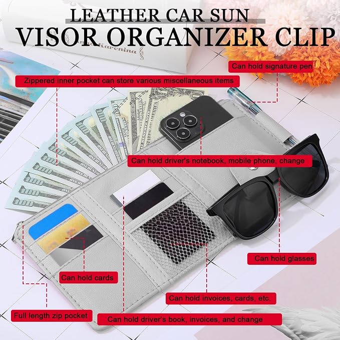 Boao 2 Packs Car Sun Visor Organizer, Sunglasses Holders for Car Sun Visor PU Auto Interior Accessories Storage Travel Document Holder with Multi Pocket (Black, Gray, 12.2 x 6.1 Inches)