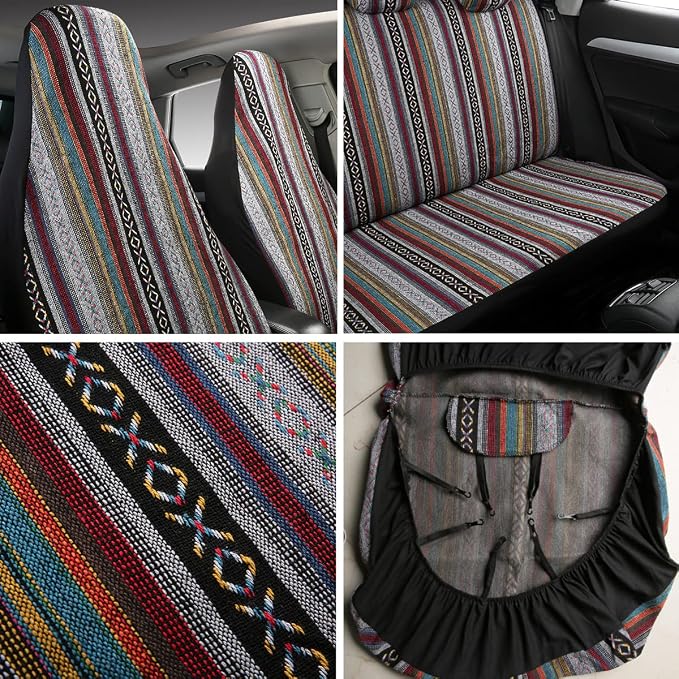 Baja Saddle Blanket Car Seat Covers 7PCS Full Set, Breathable and Washable Striped Woven Automotive Vehicle Seat Cover, Universal Seat Cover for Sedan, SUV, Airbag Compatible