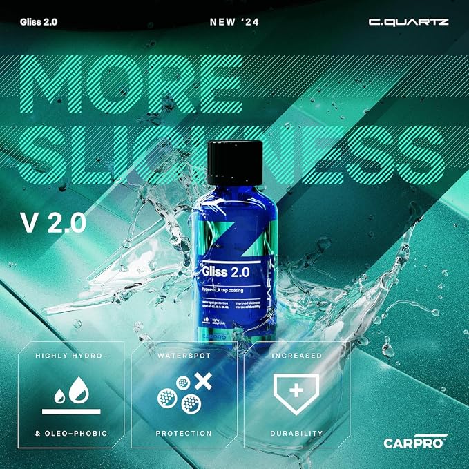 CARPRO Gliss 2.0 - Ceramic Coating for Cars - Hydrophobic Topcoat – Extreme Slickness & Water Spot Protection w/Microfiber Applicators - Repels Oil, Dirt & Grime Making Car Easy to Clean - 30ml Kit