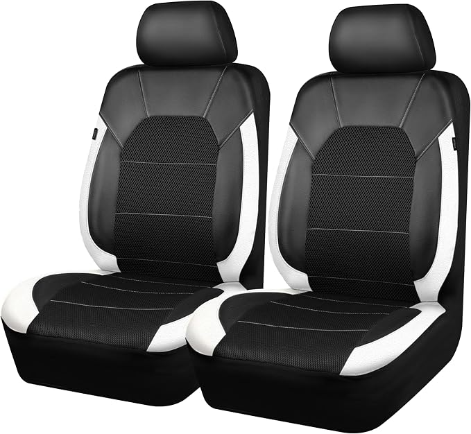 CAR PASS Universal Front Leather Car Seat Covers with Sporty Design, Breathable All Season Easy to Clean Anti-Slip Wear-Resistant Automotive Seat Covers Fit for Most Cars, SUVs, Trucks, Black & White