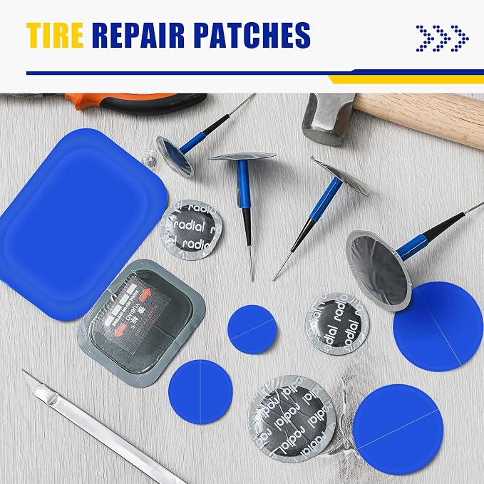 Tallew 13 Pcs Heavy Duty Tire Patches Kit Rubber Radial Tire Patch Plug Kit Emergency Tool for Puncture Car Truck Bus Tractor Vehicle Motorcycle 32mm, 42mm, 58mm, 65x80mm, 85x120 mm