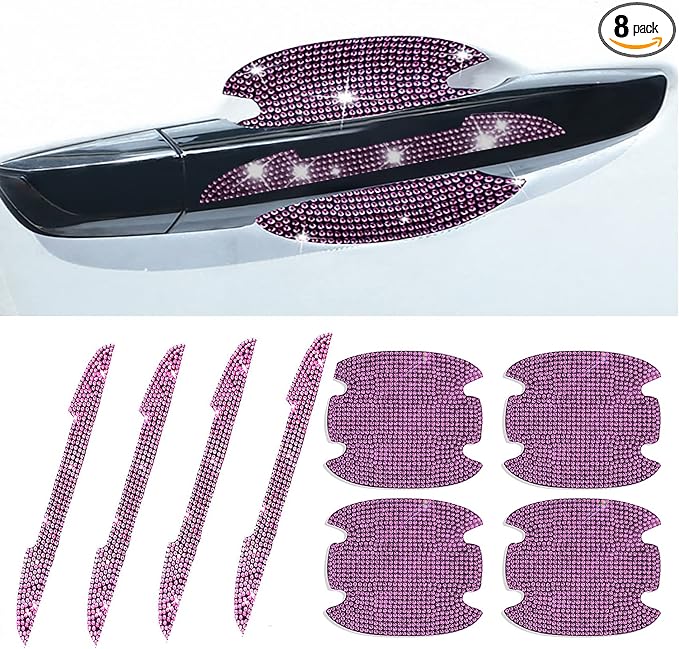 8Pcs Bling Rhinestone Car Door Handle Stickers Protector, Trim Auto Door Entry Guard Bling Stickers Car Accessories for Women and Men, Universal Car Accessories for All Cars (Pink)