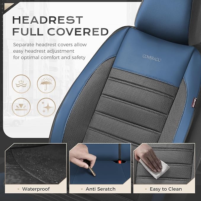 Coverado Car Seat Covers Front Seats, Luxury Leather Car Seat Covers, Automotive Mesh Seat Covers 2 Pack, Airbag-Compatible, Black Blue Seat Covers for SUV Sedan Truck