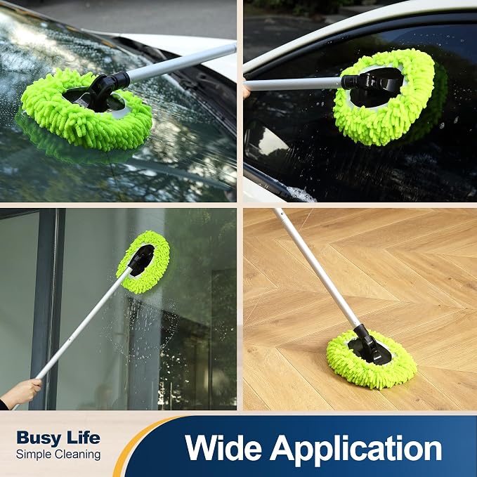 Yocada Car Wash Brush Kit Chenille Microfiber Car Wash Mop Mitt 60" | Long Handle Scratch-Free for Car Cleaning Brush Care Truck RV SUV Boat Windshield Window with 1 Replacement Head