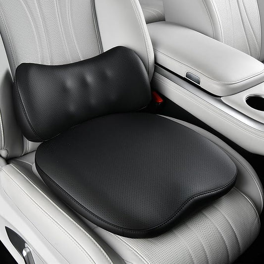 Coverado Memory Foam Car Seat Cushion and Lumbar Support Pillow for Driving Seat, Ergonomic Design Soft and Breathable PU Leather, High Density Memory Foam for Neck & Lower Back Pain Relie