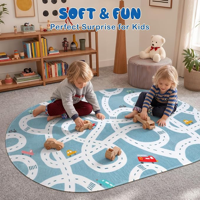 STARUIA Large Kids Playroom Rug, 4'x6' Washable Road Rug for Nursery, Non-Slip Fun Area Rugs for Kids Room, Blue Car Rugs Play Mat Soft Baby Carpet for Boys Girls Dorm Toy Room Tent