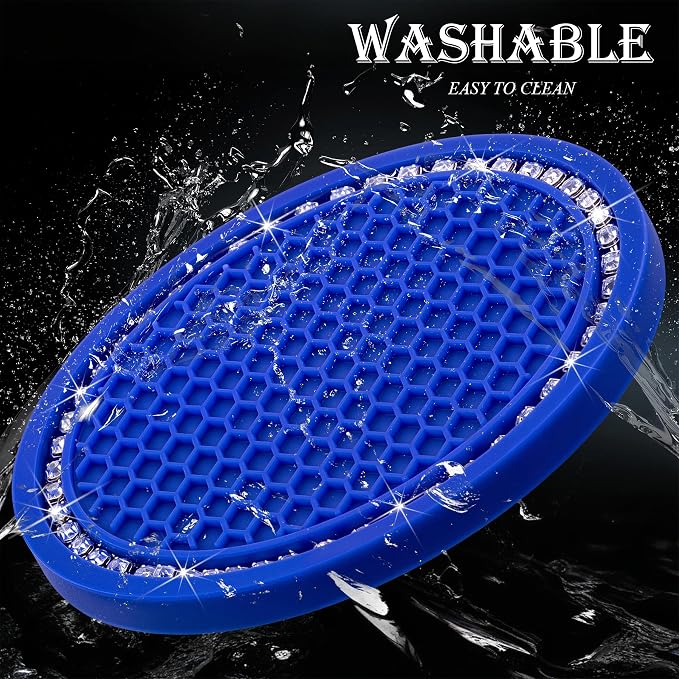 2PCS Bling Cup Holder Coaster, 2.75 Inch Auto Car Cup Holder Insert Coasters, Soft Silicone Anti-Slip Shockproof, Universal Vehicle Interior Accessories for Women Girls (Deep Blue & White)
