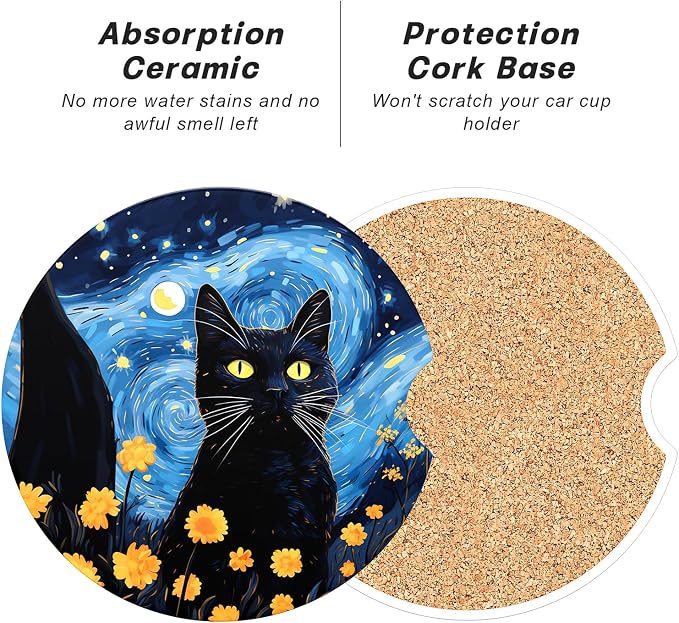 Aiawoxc Car Cup Holder Coasters, 2 Pack Universal Auto Anti Slip Insert Coaster with A Finger Notch, Cup Mat for Most Car Interior, Starry Sky Cat