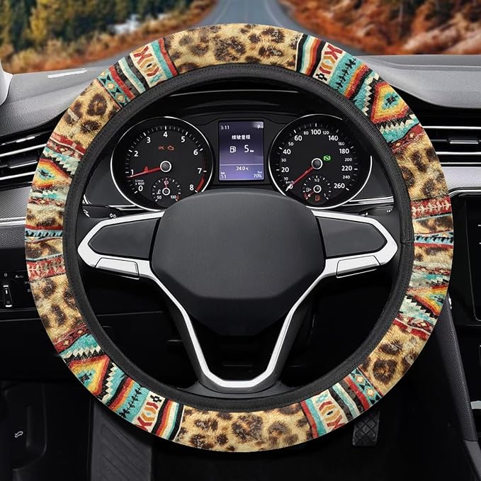 Wanyint Car Steering Wheel Cover Universal 15 Inch Auto Accessories Car Interior Decoration for Women Men Fit SUV Sedan Van Truck, Vintage Aztec Leopard Print
