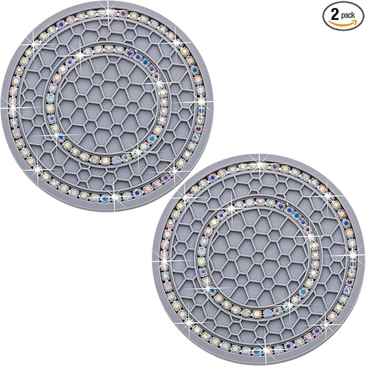 2PCS Bling Crystal Rhinestone Cup Holder Coaster, 2.75 inch Soft Silicone Anti-Slip Shockproof, Car Cup Holder Insert Coasters, Universal Car Interior Accessories for Women (Gray & Colorful)