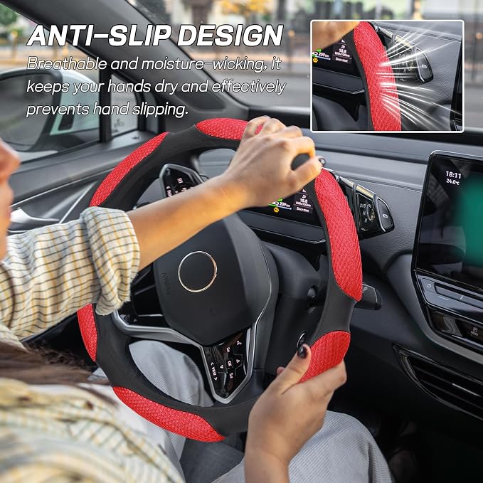 Wuyaoyao Car Steering Wheel Cover, 15 Inch PU Leather Anti-Slip Steering Wheel Covers Protector with Soft Hand Pad Cushion, Breathable & Comfortable, Universal Interior Car Accessories (Red)