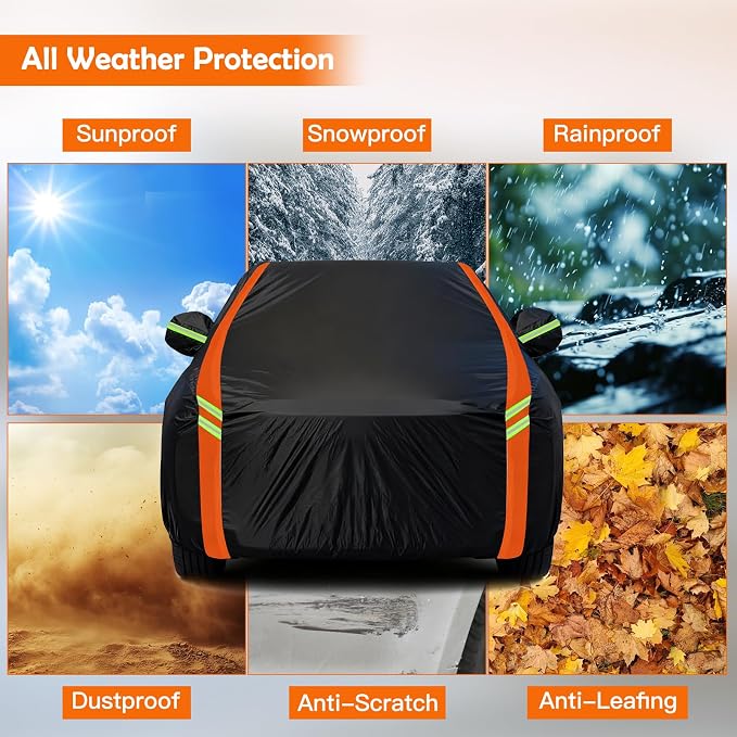 Universal Fit Car Cover for SUV Length 191-201in, Waterproof Automobiles Cover All Weather Compatible with Ford Explorer, Toyota Highlander, Kia Telluride, Hyundai Palisade, Honda Pilot