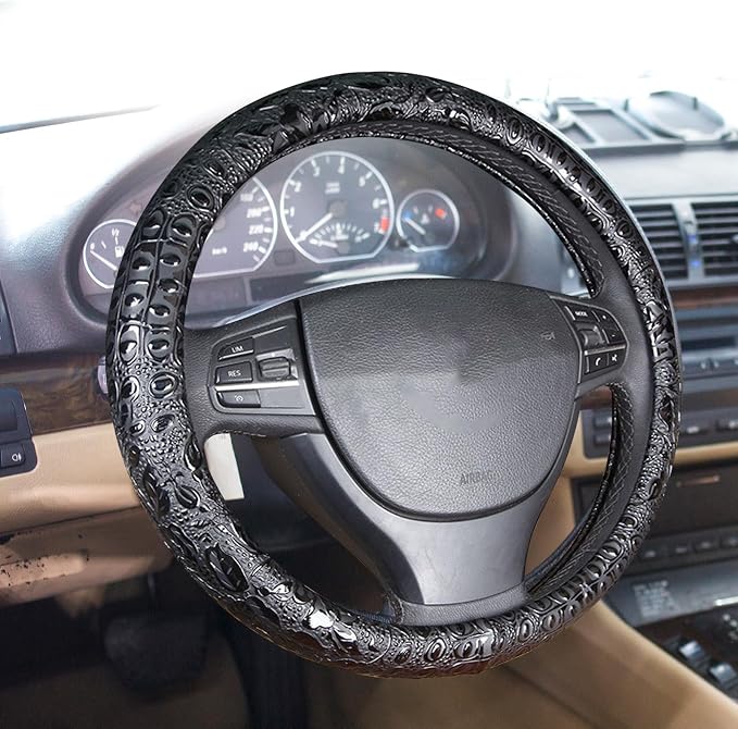 Car Steering Wheel Cover Universal 15 inch Auto Antislip Leather Protector Flower Grain Black