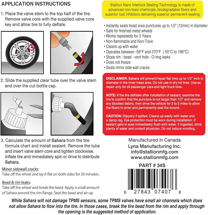 Sahara High Speed Tire Sealant - Superior Performance - Tire Repair - Stop Leaks - Extend Tire Life – All Weather – High-Speed – Slow Speed – ARDL Approved (34 Oz Bottle, Sahara)
