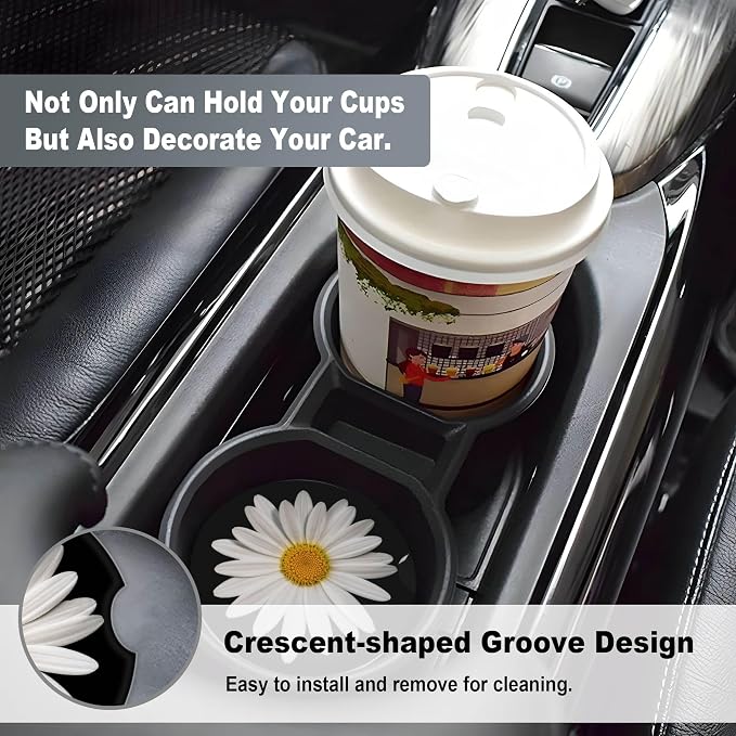 2 Pack Car Coasters for Cup Holders, 2.56" Universal Absorbent Ceramic Stone Car Cup Holder Coasters with Non-Slip Cork Base, Car Interior Accessories for Women Men(Black White Daisy)