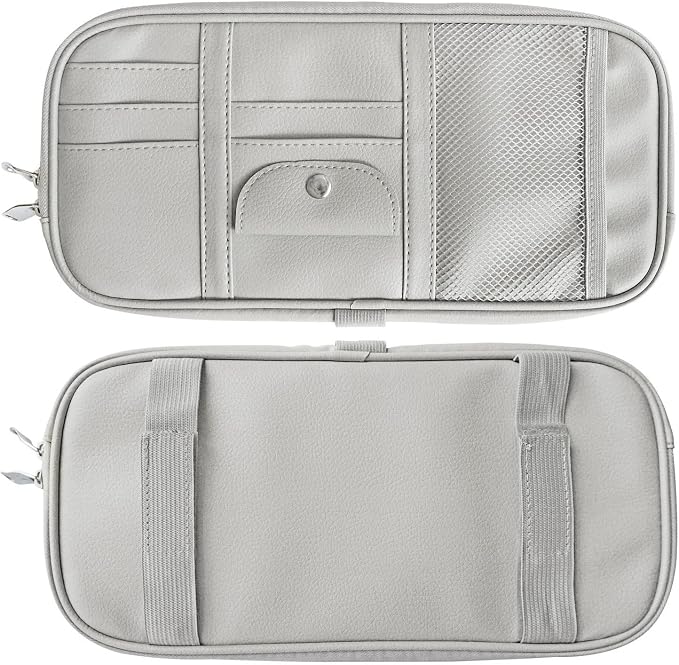 Da by Car Sun Visor Organizer, Multi-Pocket Visor Organizer Storage Pouch for Cars, SUVs & Trucks with Double Zippers, Elastic Bands & Glasses Clip - Organizes Essentials Keep Tidy (Cream Grey)