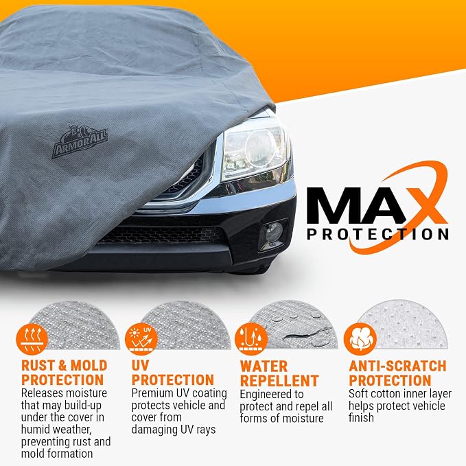 Armor All Car Cover Waterproof All Weather Heavy Duty SUV or CUV up to 205" | Scratch-resistant soft lining, 6 secure straps, includes storage bag, works for Sun Rain Snow Hail Outdoor Indoor Protection