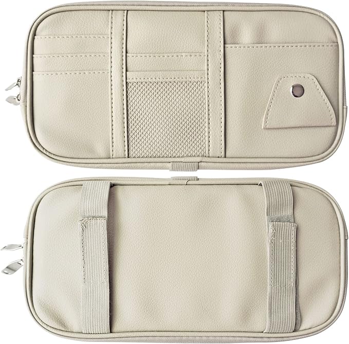 Da by Car Visor Organier Truck SUV Sun Visor Storage Pocket PU Leather Pouch Holder with Multi-Pocket Double Zipper Net Pocket, for Cards Pens Sunglasses Document (Cream Grey)