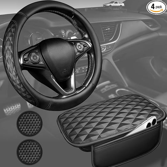 CAR PASS 3D Memory Foam Leather Car Steering Wheel Cover Set, Comfortable Rhombus Leather Center Console Armrest Cushion with Storage Bags Non-Slip 14.5-15in Car Interior Covers Sets, 4 PCS All Black