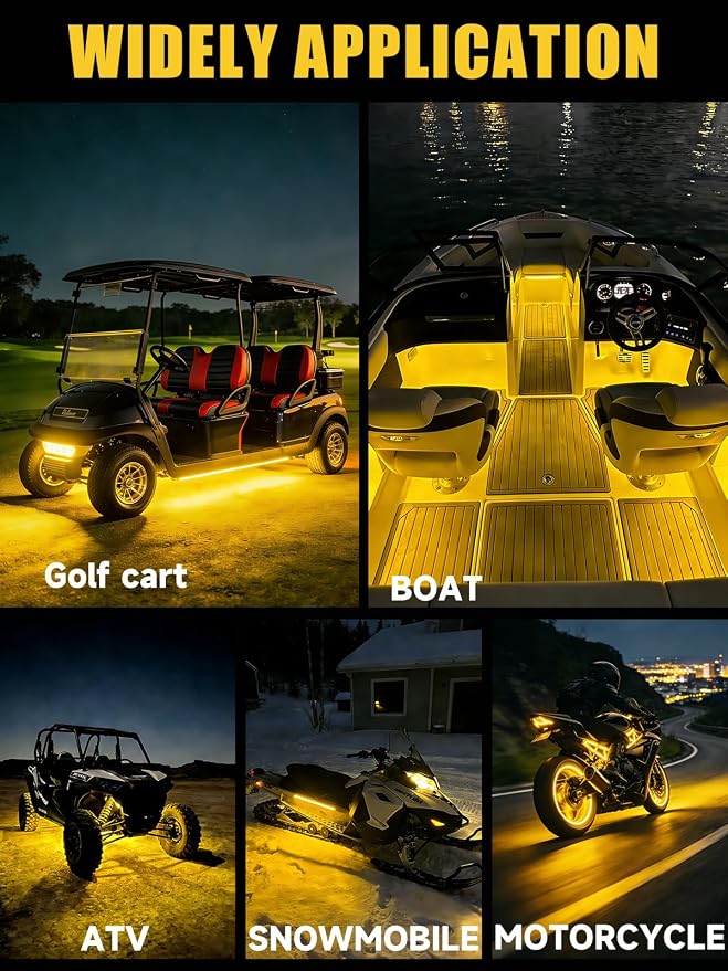 Car LED Strip Lights IP68 Waterproof Cuttable 24inch Yellow 4Pcs | 12V Footwell & Underbody Lights, 5050 SMD Beads, Interior & Exterior Light, Fits SUVs, Trucks, Motorcycles, Boats, Golf Carts