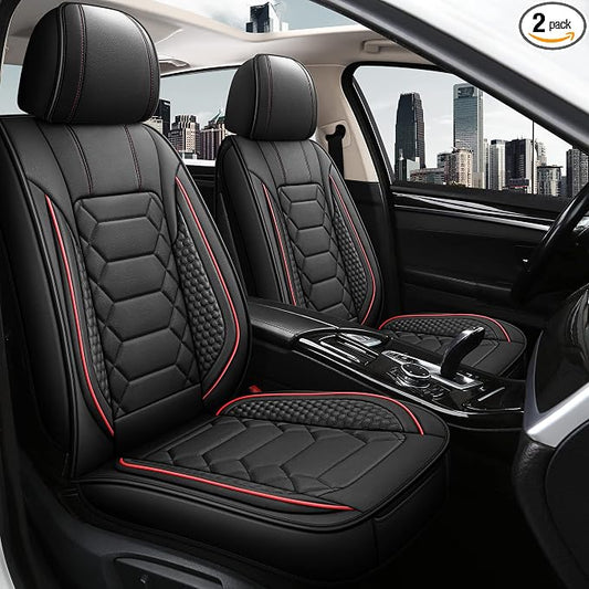 HAIYAOTIMES Leather Car Seat Covers Front Pair, Waterproof Faux Leather Seat Covers for Cars, Non-Slip Car Interior Covers Universal Fit for Most Cars Sedans Trucks SUVs, Black/Red
