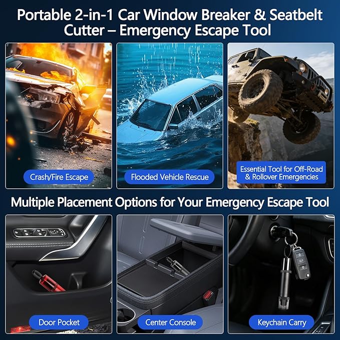Window Breaker Seatbelt Cutter 3 Pack, Car Emergency Escape Tool | Underwater car window breaker tool, 2-in-1 seatbelt cutter with extra 4 car door shock pads for vehicle emergency safety