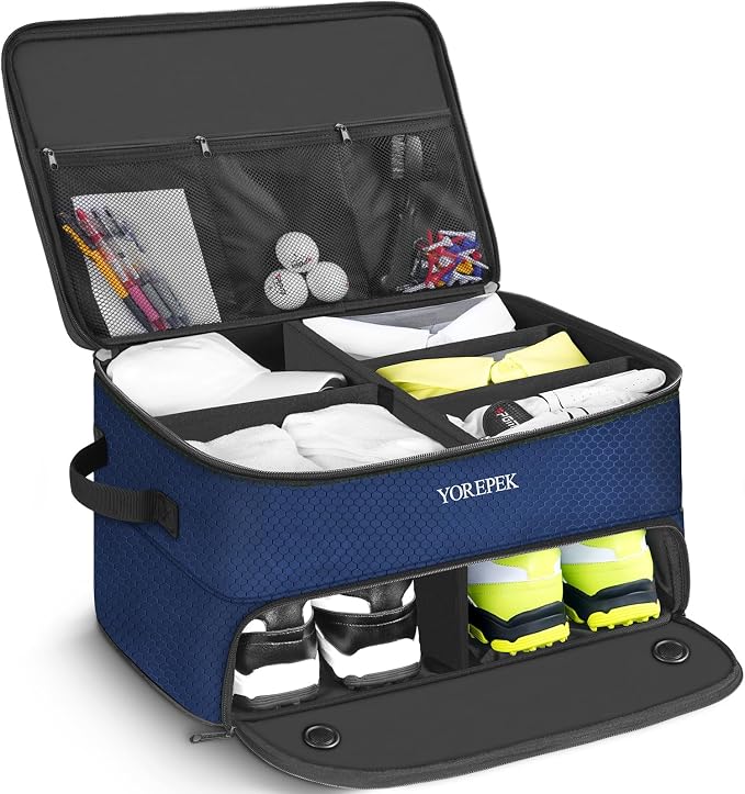 YOREPEK Golf Gifts for Men, 2 Layer Golf Trunk Organizer for 2 Pair Shoes | Waterproof Car Trunk Locker with Separate Ventilated Compartment for Balls, Tees, Clothes, Gloves, Birthday Gifts for Golfers
