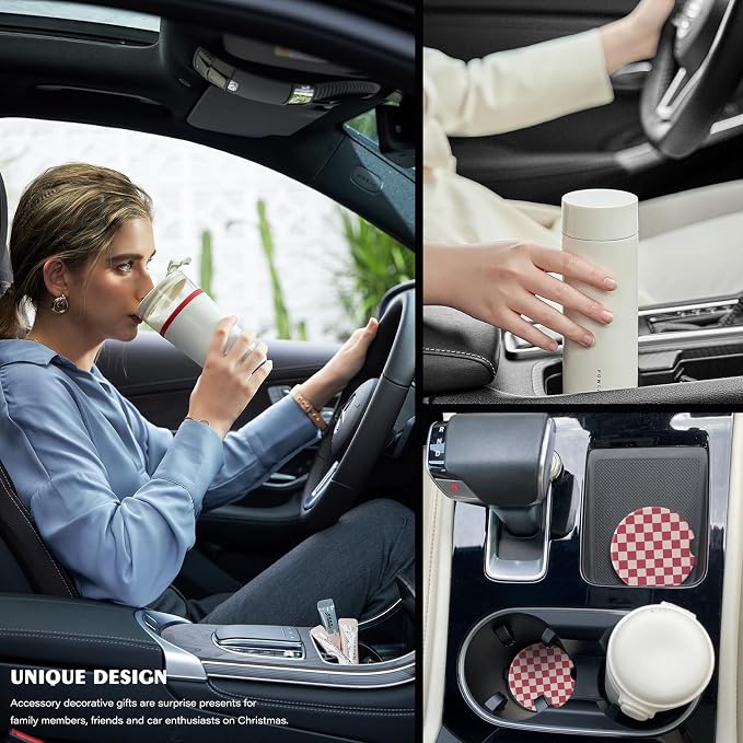2 Pack Car Coasters for Cup Holders, Absorbent Ceramic Cup Coaster with Cork Base and Finger Notch, Cute Car Accessories Interior for Women Men (Grid-Pink)