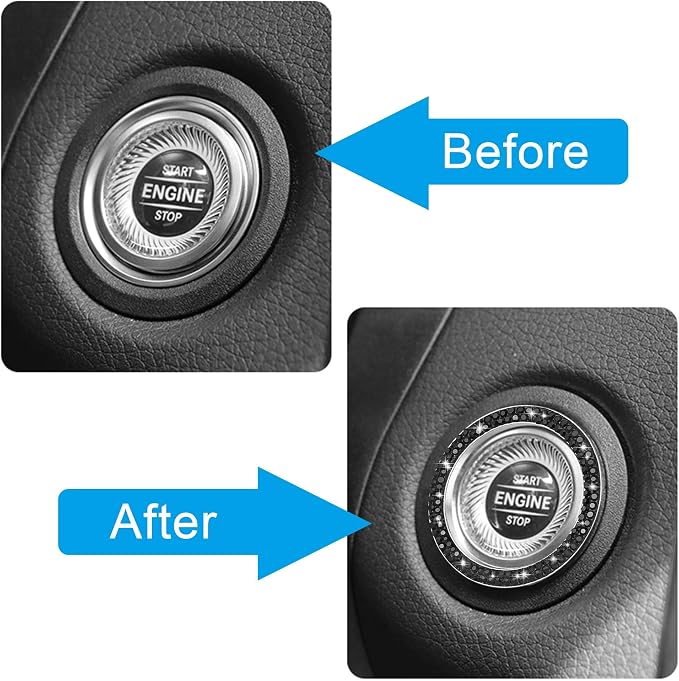 WINKA 2pcs Bling Car Engine Start Button Cover Diamond Crystal Push Start Stop Button Ring Sparkly Bling Ignition Button Cover Rhinestone Keyless Ignition Ring Universal Car Accessories (Black)