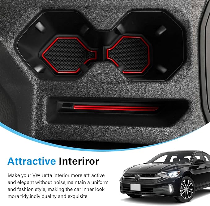 for Jetta Accessories 2026 2025 2024-2019 Cup Holder Protector Inserts Liners Mat Pad Anti Dust Coasters Non-Slip Mat Car Interior Decoration (Red Trim,4pcs/Set)