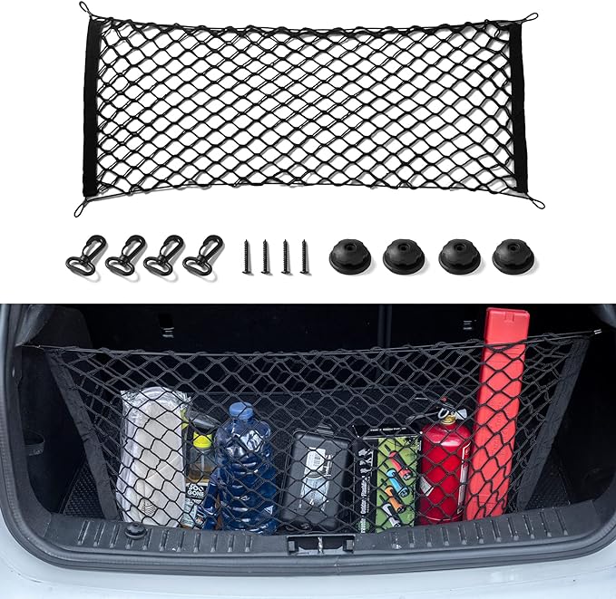 Amiss Truck Bed Cargo Net Stretchable, Adjustable Trunk Storage Net with Hook, Accessories for Pickup Bed Divider Organizer and Storage, Compatible with Chevy Silverado Ford F150 GMC (50"x 18")