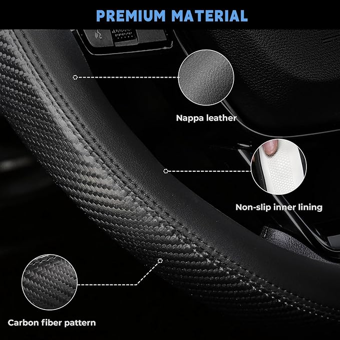 Steering Wheel Cover for Honda CRV Accord Civic HRV Pilot Odyssey Passport, Standard Size 14.5-15", Carbon Fiber Black