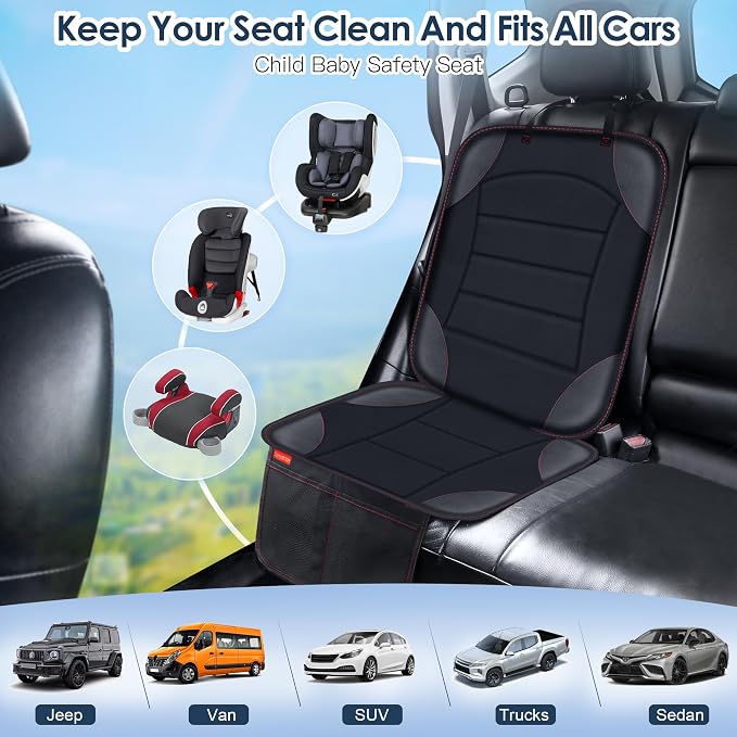 Sinvitron Car Seat Protector for Child Car Seat - Waterproof Non-Slip Leather Mat with 2 Mesh Pockets, Universal Seat Cover for Baby, Pets & Vehicles(2-Pack,Black)