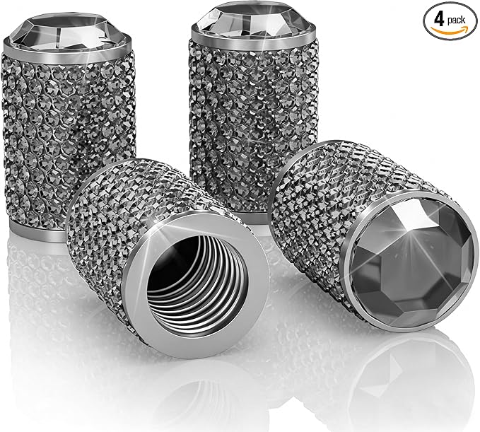 4Pcs Car Tire Valve Stem Caps, Bling Tire Air Cap for Car, Universal Stem Covers, Anodized Aluminum Tires Valve Cap with O Rubber Ring, Crystal Diamond Car Accessories for Women