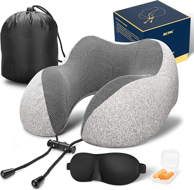 MLVOC Neck Pillow for Traveling, Upgraded 100% Pure Memory Foam Travel Neck Pillow for Airplane Flight Sleep, Breathable & Machine Washable Cover, Travel Kit with 3D Eye Mask, Earplugs & Bag, Grey | memor foam